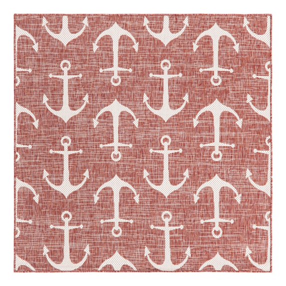 Unique Loom Outdoor Coastal Collection Area Rug - Ahoy (5' 3" Square Rust Red/Ivory)