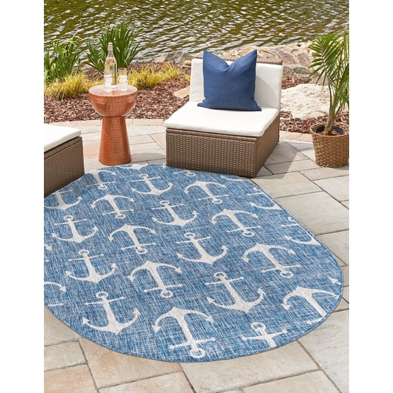 Unique Loom Outdoor Coastal Collection Area Rug - Ahoy (5' 3" x 7' 10" Oval Blue/Ivory)