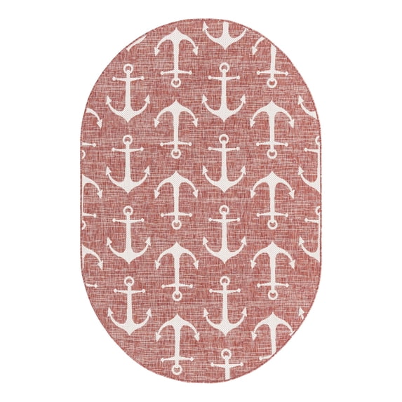 Unique Loom Outdoor Coastal Collection Area Rug - Ahoy (5' 3" x 8' Oval Rust Red/Ivory)