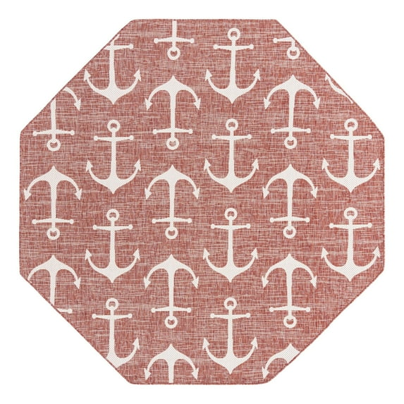 Unique Loom Outdoor Coastal Collection Area Rug - Ahoy (7' 10" Octagon Rust Red/Ivory)
