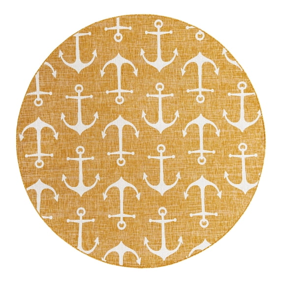 Unique Loom Outdoor Coastal Collection Area Rug - Ahoy (7' 10" Round Yellow)