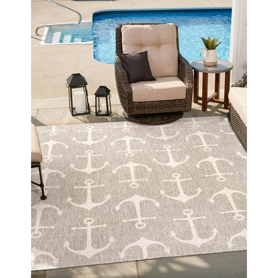 Unique Loom Outdoor Coastal Collection Area Rug - Ahoy (7' 10" Square Gray/Ivory)