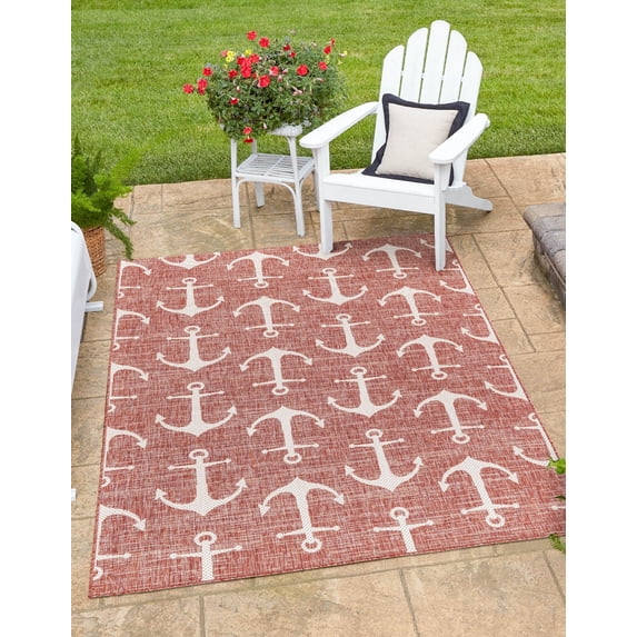 Unique Loom Outdoor Coastal Collection Area Rug - Ahoy (7' 10" x 11' Rectangle Rust Red/Ivory)