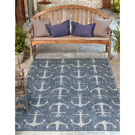 Unique Loom Outdoor Coastal Collection Area Rug - Ahoy (7' x 10' Rectangle Blue/Ivory)