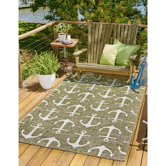 Unique Loom Outdoor Coastal Collection Area Rug - Ahoy (9' x 12' Rectangle Green/Ivory)