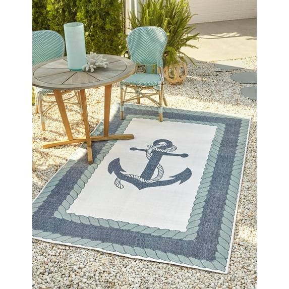 Unique Loom Outdoor Coastal Collection Area Rug - Anchor (2' x 3' 1" Rectangle Navy Blue/Light Blue)