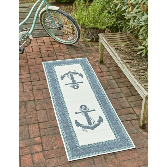 Unique Loom Outdoor Coastal Collection Area Rug - Anchor (2' x 5' 1" Runner Navy Blue/Light Blue)