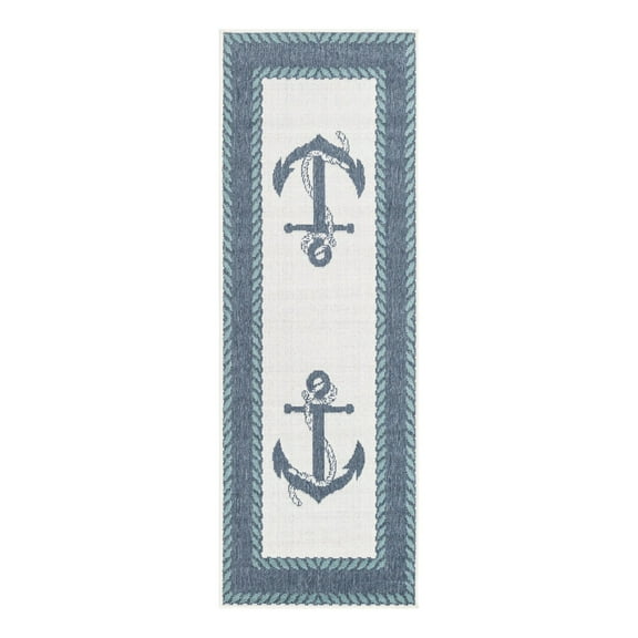 Unique Loom Outdoor Coastal Collection Area Rug - Anchor (2' x 6' Runner Navy Blue/Light Blue)