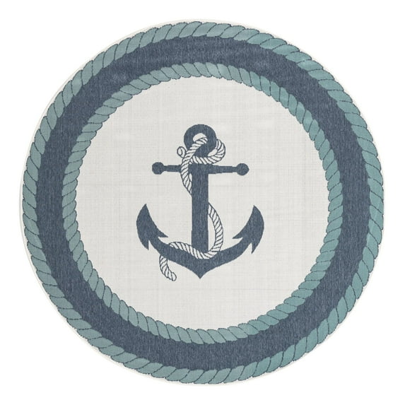 Unique Loom Outdoor Coastal Collection Area Rug - Anchor (4' Round Navy Blue/Light Blue)