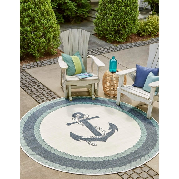 Unique Loom Outdoor Coastal Collection Area Rug - Anchor (5' 3" Round Navy Blue/Light Blue)