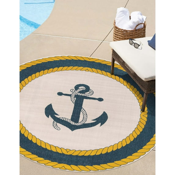 Unique Loom Outdoor Coastal Collection Area Rug - Anchor (7' 1" Round Ivory/Yellow)