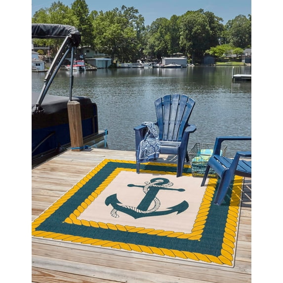 Unique Loom Outdoor Coastal Collection Area Rug - Anchor (7' 10" Square Ivory/Yellow)