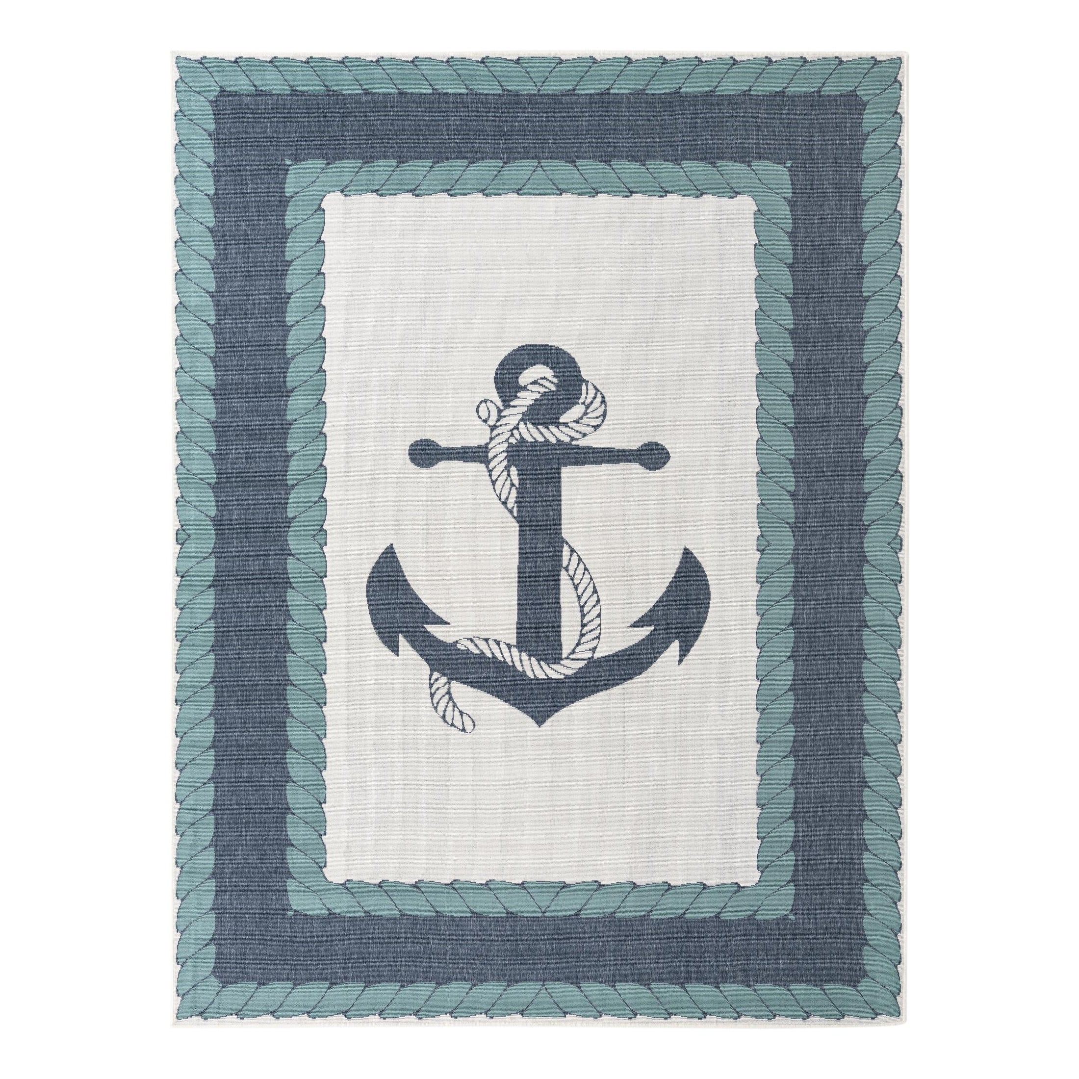 Navy Blue Anchor Outdoor Rectangular Synthetic Rug 8' x 10'
