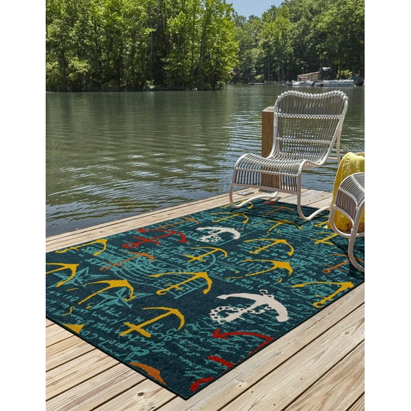 Unique Loom Outdoor Coastal Collection Area Rug - Anchorwave (10'  x 14' 1" Rectangle Navy Blue/Teal)