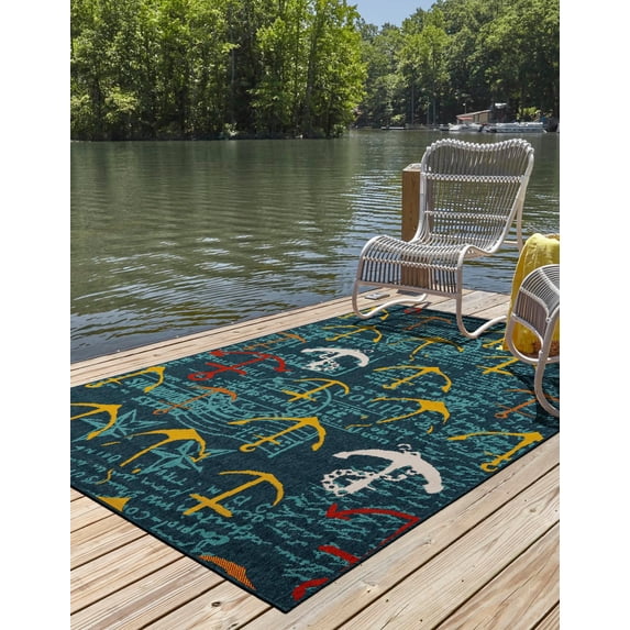 Unique Loom Outdoor Coastal Collection Area Rug - Anchorwave (10' x 14' 1" Rectangle Navy Blue/Teal)
