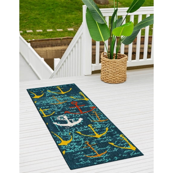 Unique Loom Outdoor Coastal Collection Area Rug - Anchorwave (2' x 6' 1" Runner Navy Blue/Teal)