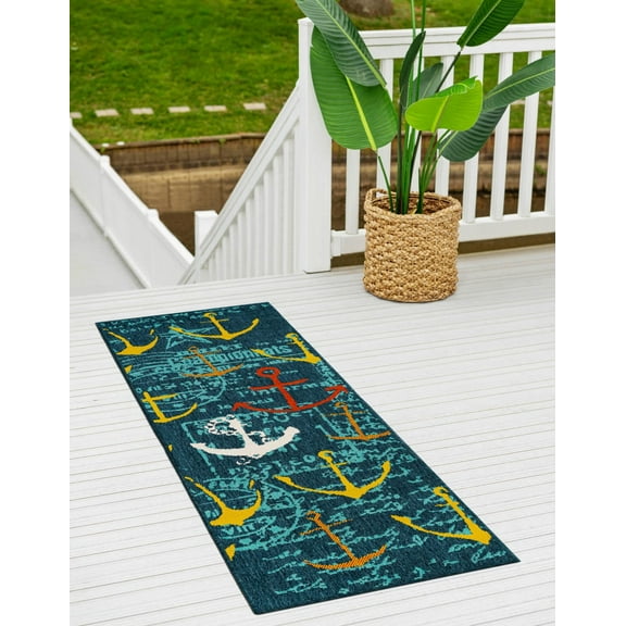 Unique Loom Outdoor Coastal Collection Area Rug - Anchorwave (2'  x 6' 1" Runner Navy Blue/Teal)