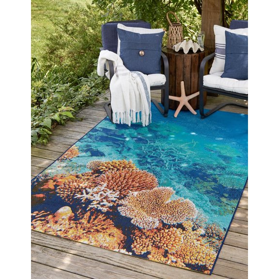 Unique Loom Outdoor Coastal Collection Area Rug - Ariel (10' x 12' Rectangle Multi/Ivory)