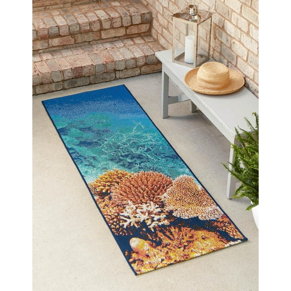 Unique Loom Outdoor Coastal Collection Area Rug - Ariel (2' 7" x 5' 3" Runner Multi/Ivory)