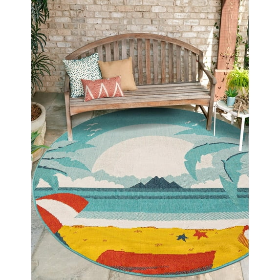 Unique Loom Outdoor Coastal Collection Area Rug - Beach Day (7' 10" Round Multi/Navy Blue)