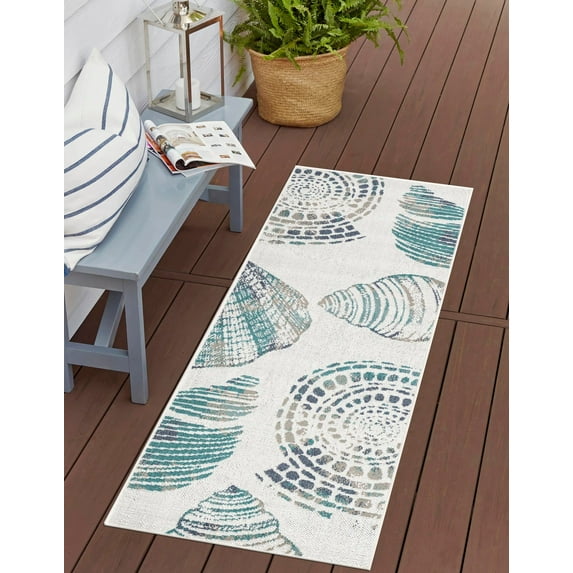 Unique Loom Outdoor Coastal Collection Area Rug - Bodrum (2' 7" x 10' Runner Ivory/Navy Blue)