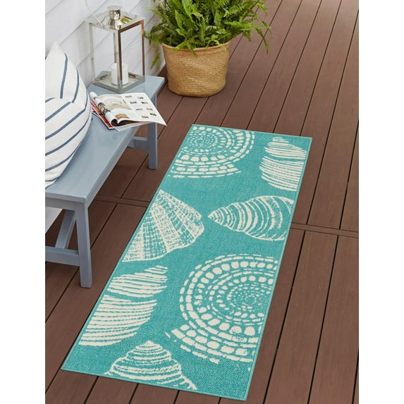Unique Loom Outdoor Coastal Collection Area Rug - Bodrum (2' x 6' 1" Runner Teal/Ivory)