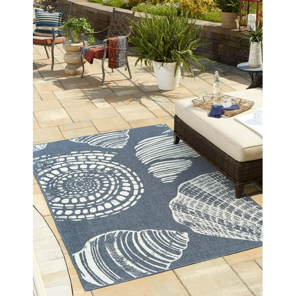 Unique Loom Outdoor Coastal Collection Area Rug - Bodrum (4' x 6' Rectangle Navy Blue/Ivory)