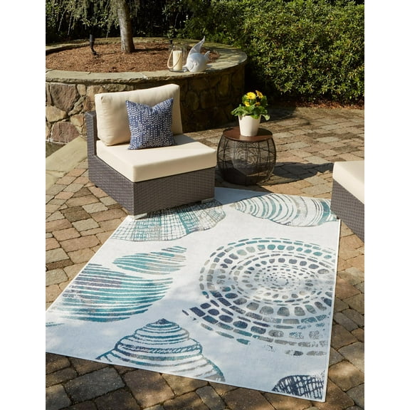 Unique Loom Outdoor Coastal Collection Area Rug - Bodrum (5' 3" x 8' Rectangle Ivory/Navy Blue)