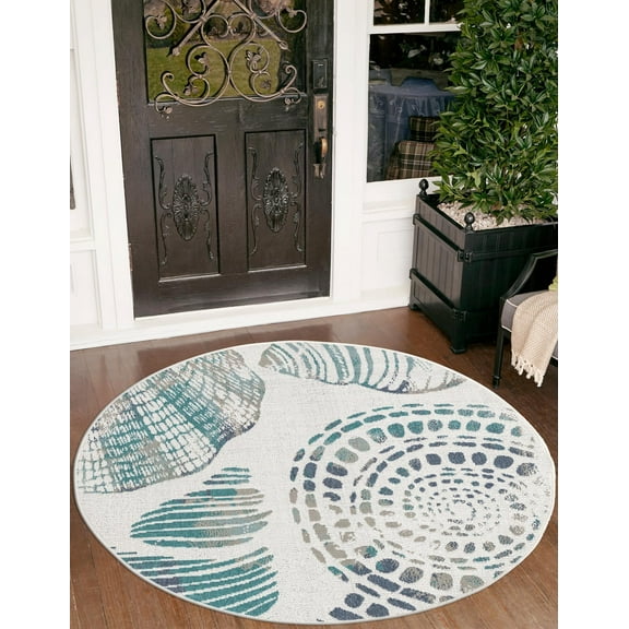 Unique Loom Outdoor Coastal Collection Area Rug - Bodrum (7' 10" Round Ivory/Navy Blue)