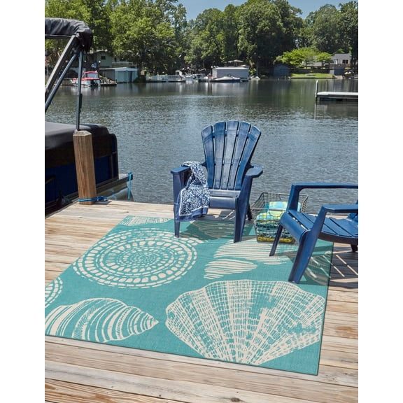 Unique Loom Outdoor Coastal Collection Area Rug - Bodrum (7' 10" Square Teal/Ivory)
