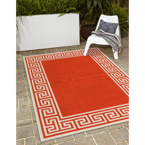 Unique Loom Outdoor Coastal Collection Area Rug - Caye (5' 3" x 8' Rectangle Rust Red/Ivory)