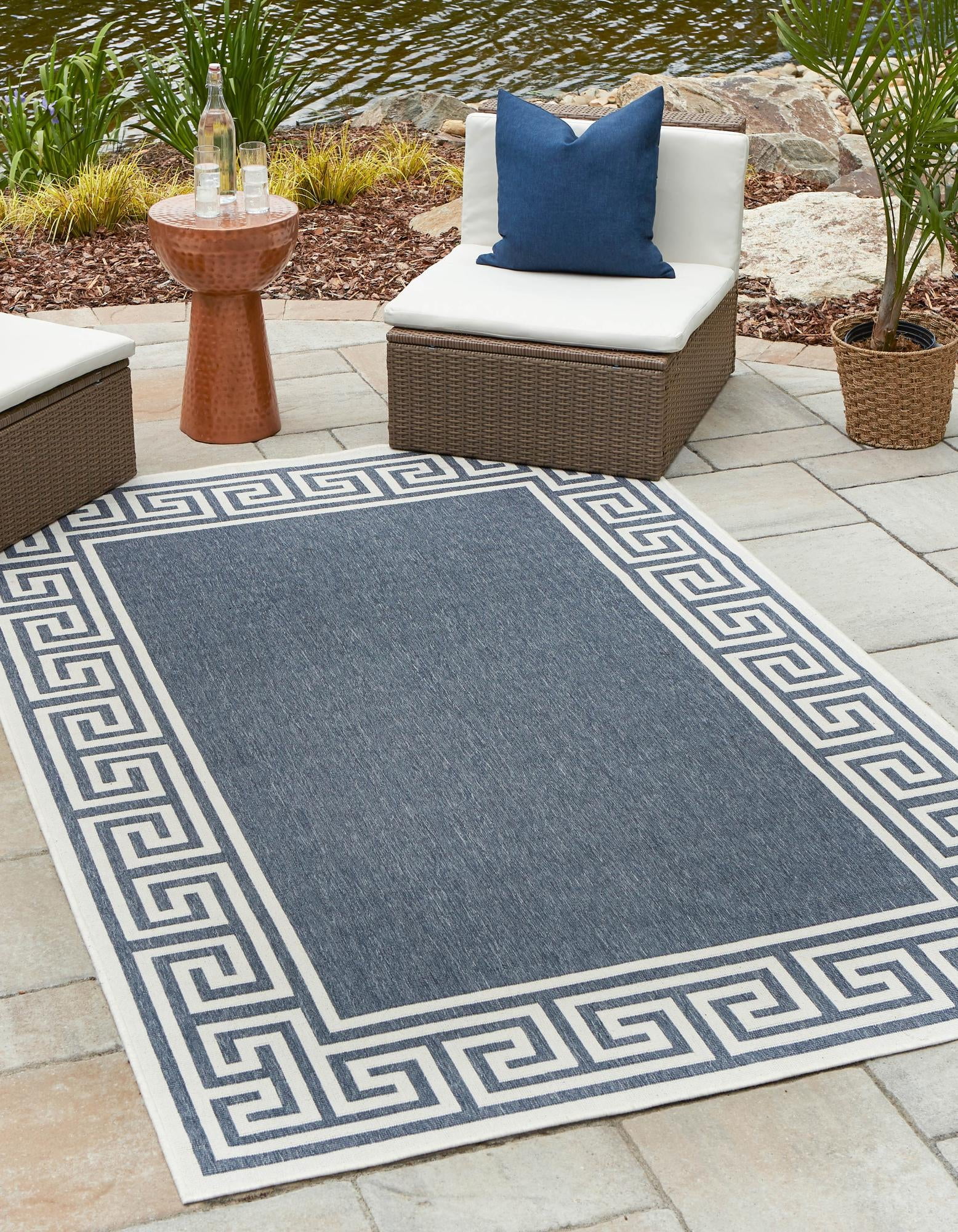 Navy Blue and Ivory Geometric Outdoor Rug 9' x 12'