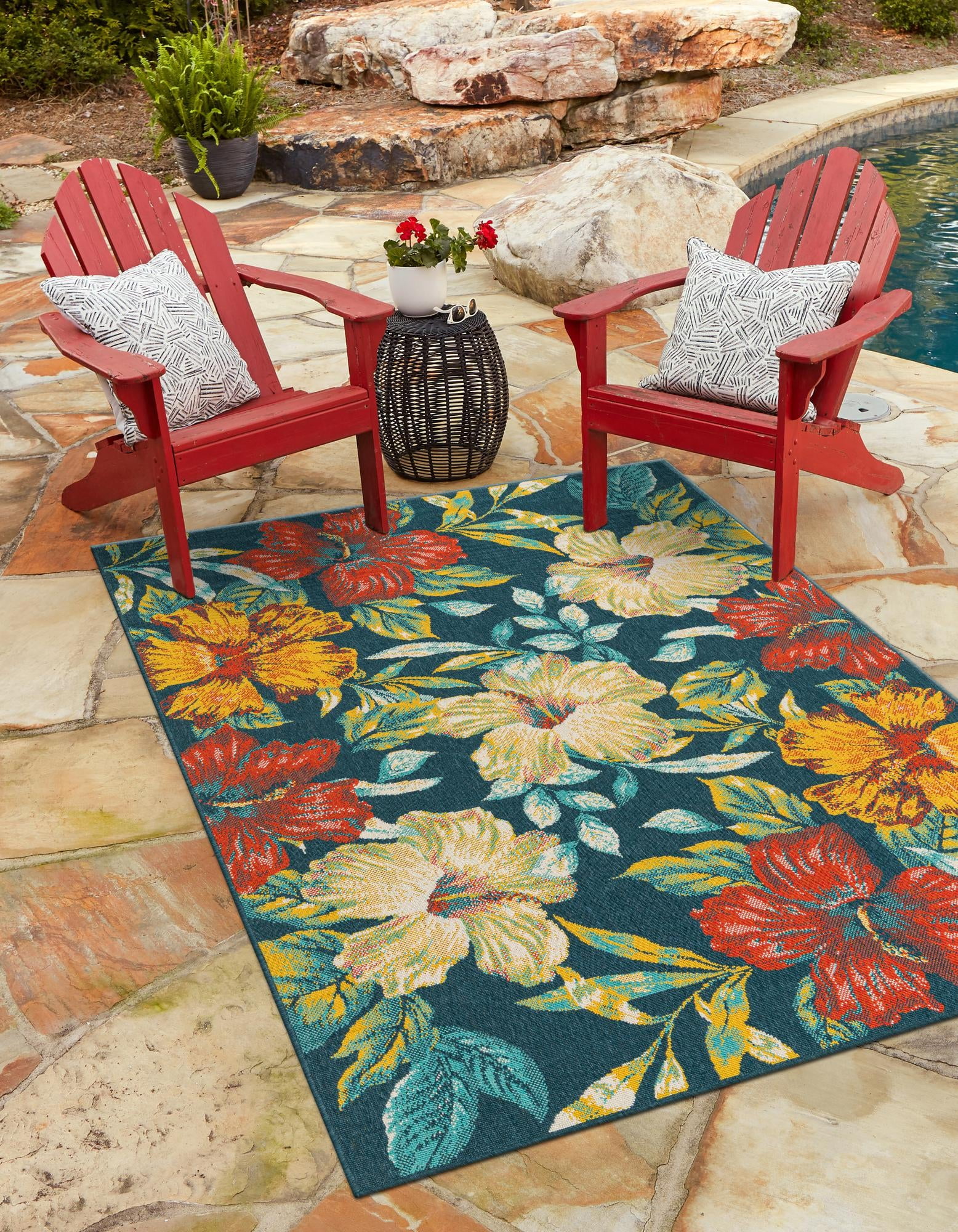 Colorful Floral Synthetic Outdoor Rectangular Area Rug