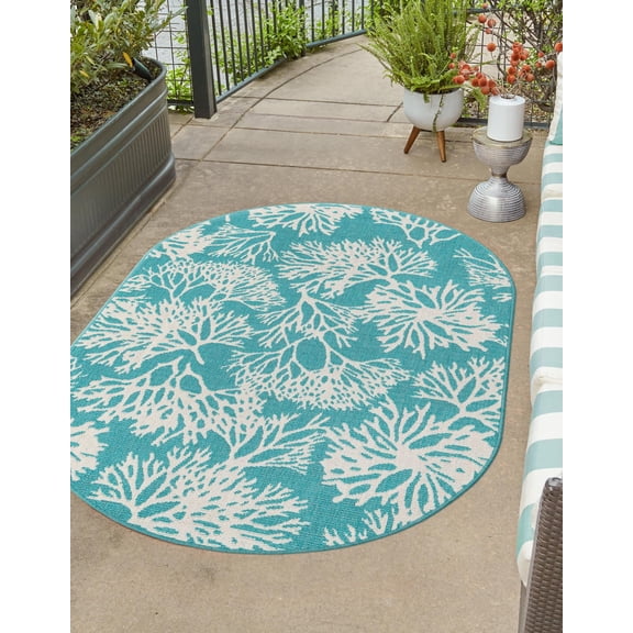 Unique Loom Outdoor Coastal Collection Area Rug - Coral (2'  x 3' 1" Oval Teal/Ivory)