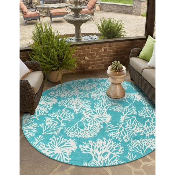 Unique Loom Outdoor Coastal Collection Area Rug - Coral (4' 1" Round Teal/Ivory)