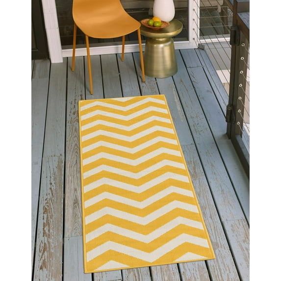 Unique Loom Outdoor Coastal Collection Area Rug - Dalgalar (2' x 8' Runner Yellow/Ivory)