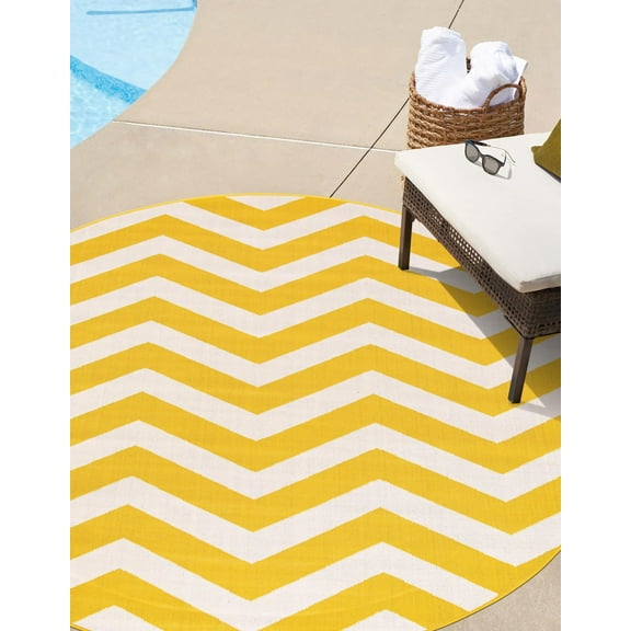 Unique Loom Outdoor Coastal Collection Area Rug - Dalgalar (4' 1" Round Yellow/Ivory)