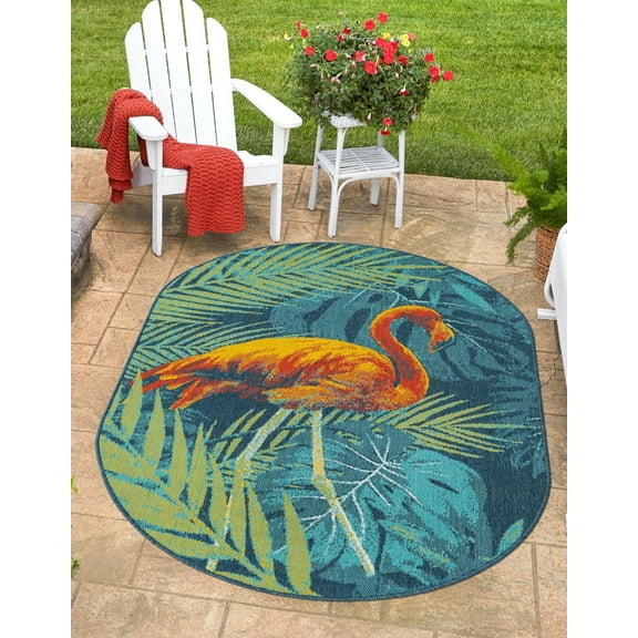 Unique Loom Outdoor Coastal Collection Area Rug - Flamingo (2' x 3' 1" Oval Multi/Teal)