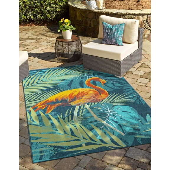 Unique Loom Outdoor Coastal Collection Area Rug - Flamingo (5' 3" x 8' Rectangle Multi/Teal)