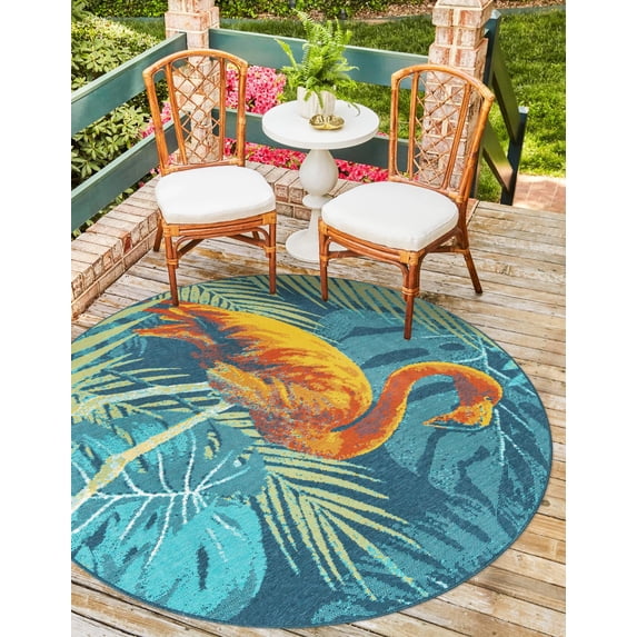 Unique Loom Outdoor Coastal Collection Area Rug - Flamingo (7' 1" Round Multi/Teal)