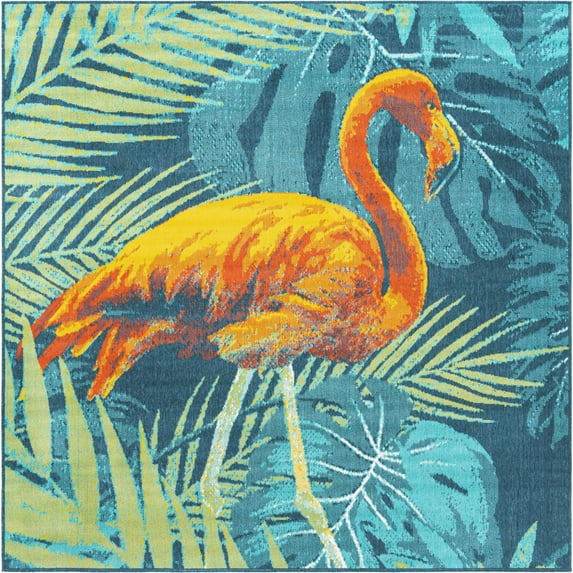 Unique Loom Outdoor Coastal Collection Area Rug - Flamingo (7' 10" Square Multi/Teal)