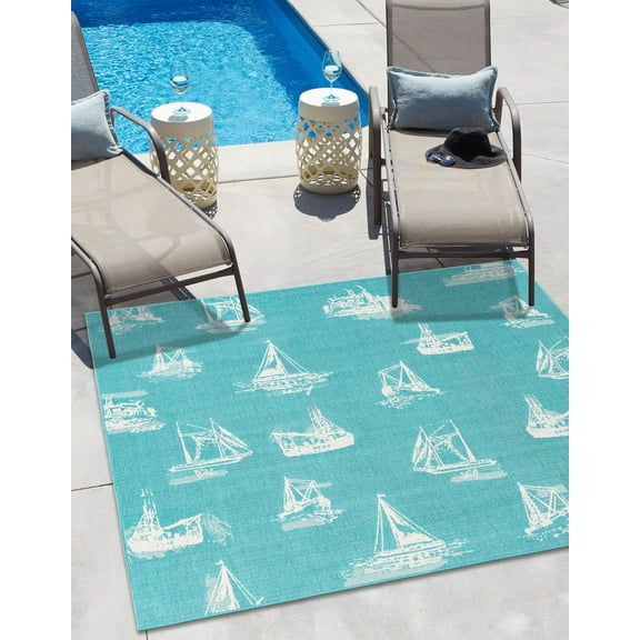 Unique Loom Outdoor Coastal Collection Area Rug - Flotilla (10' Square Teal/Ivory)