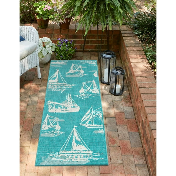 Unique Loom Outdoor Coastal Collection Area Rug - Flotilla (2' x 6' 1" Runner Teal/Ivory)