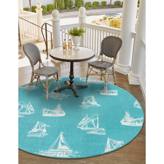 Unique Loom Outdoor Coastal Collection Area Rug - Flotilla (7' 1" Round Teal/Ivory)