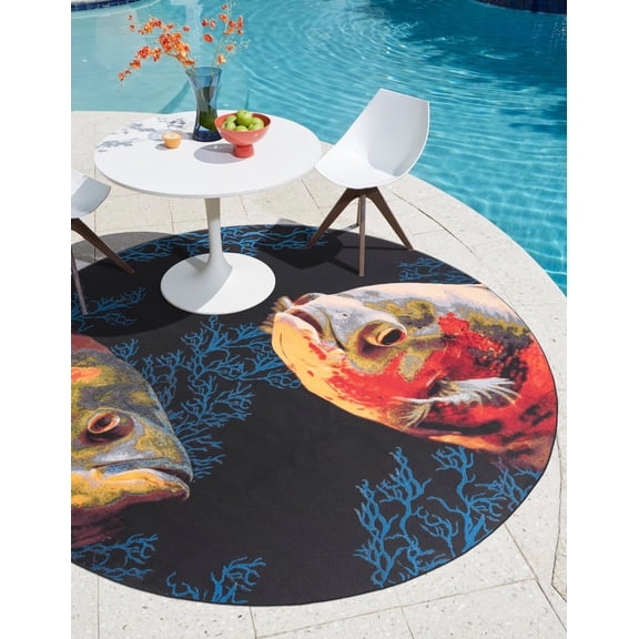 Unique Loom Outdoor Coastal Collection Area Rug - Marine (4' 1" Round Multi/Black)