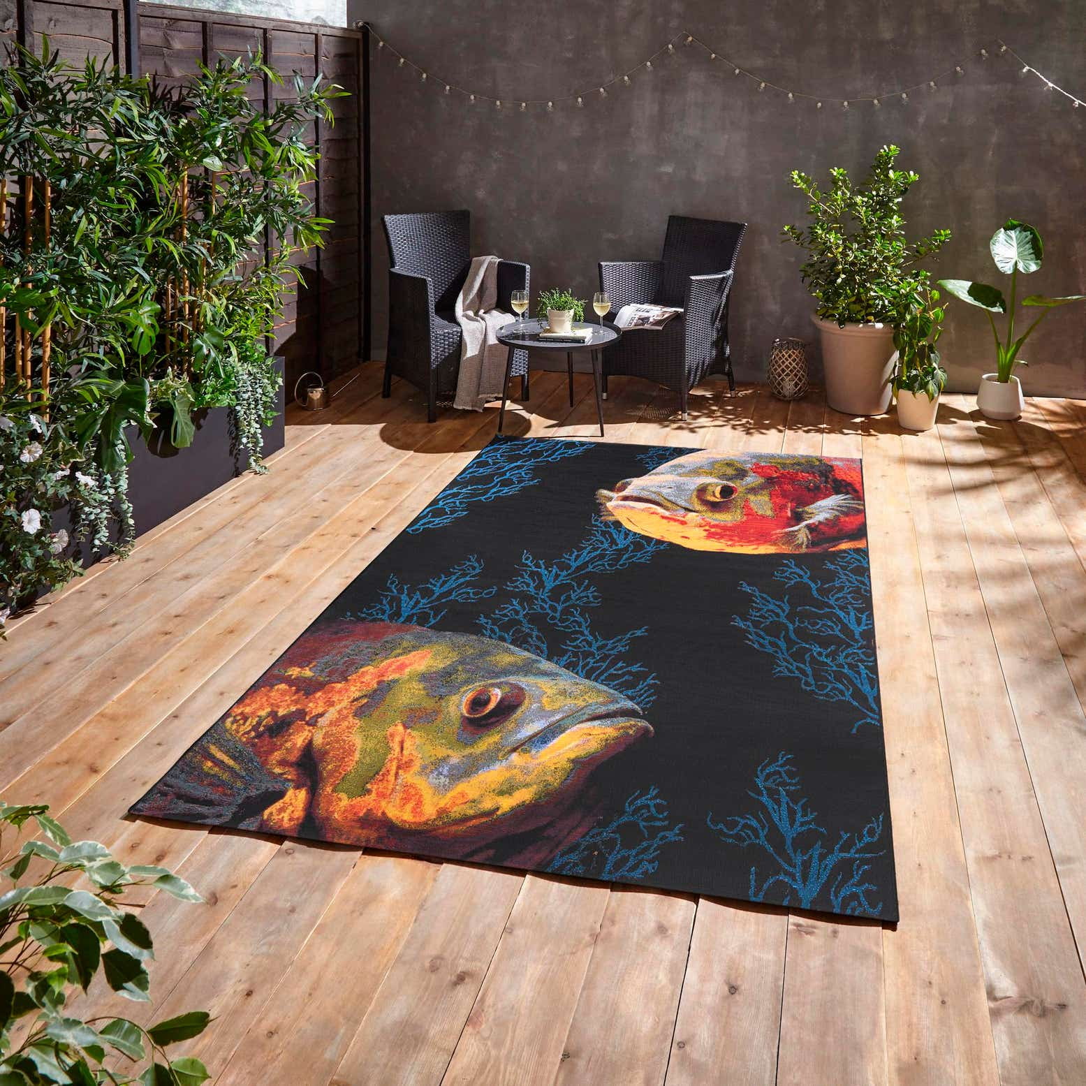 Colorful Abstract Fish Design Outdoor Area Rug 4' x 6'