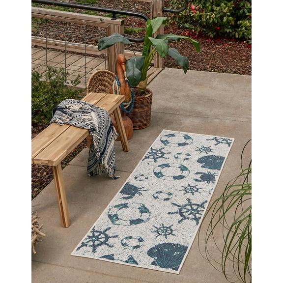 Unique Loom Outdoor Coastal Collection Area Rug - Marmaris (2' x 6' Runner Ivory/Navy Blue)