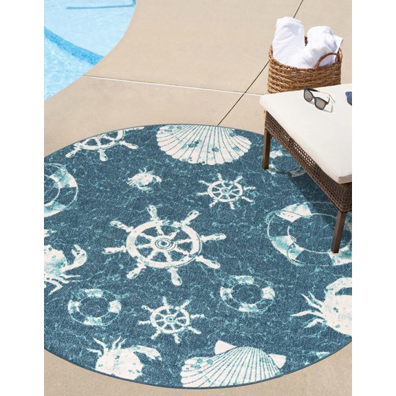 Unique Loom Outdoor Coastal Collection Area Rug - Marmaris (4' 1" Round Navy Blue/Teal)