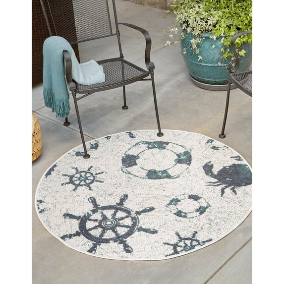 Unique Loom Outdoor Coastal Collection Area Rug - Marmaris (4' Round Ivory/Navy Blue)