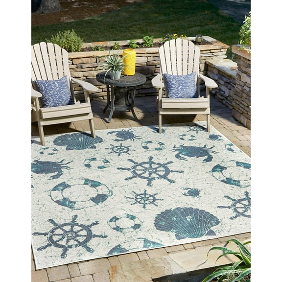 Unique Loom Outdoor Coastal Collection Area Rug - Marmaris (7' 10" Square Ivory/Navy Blue)